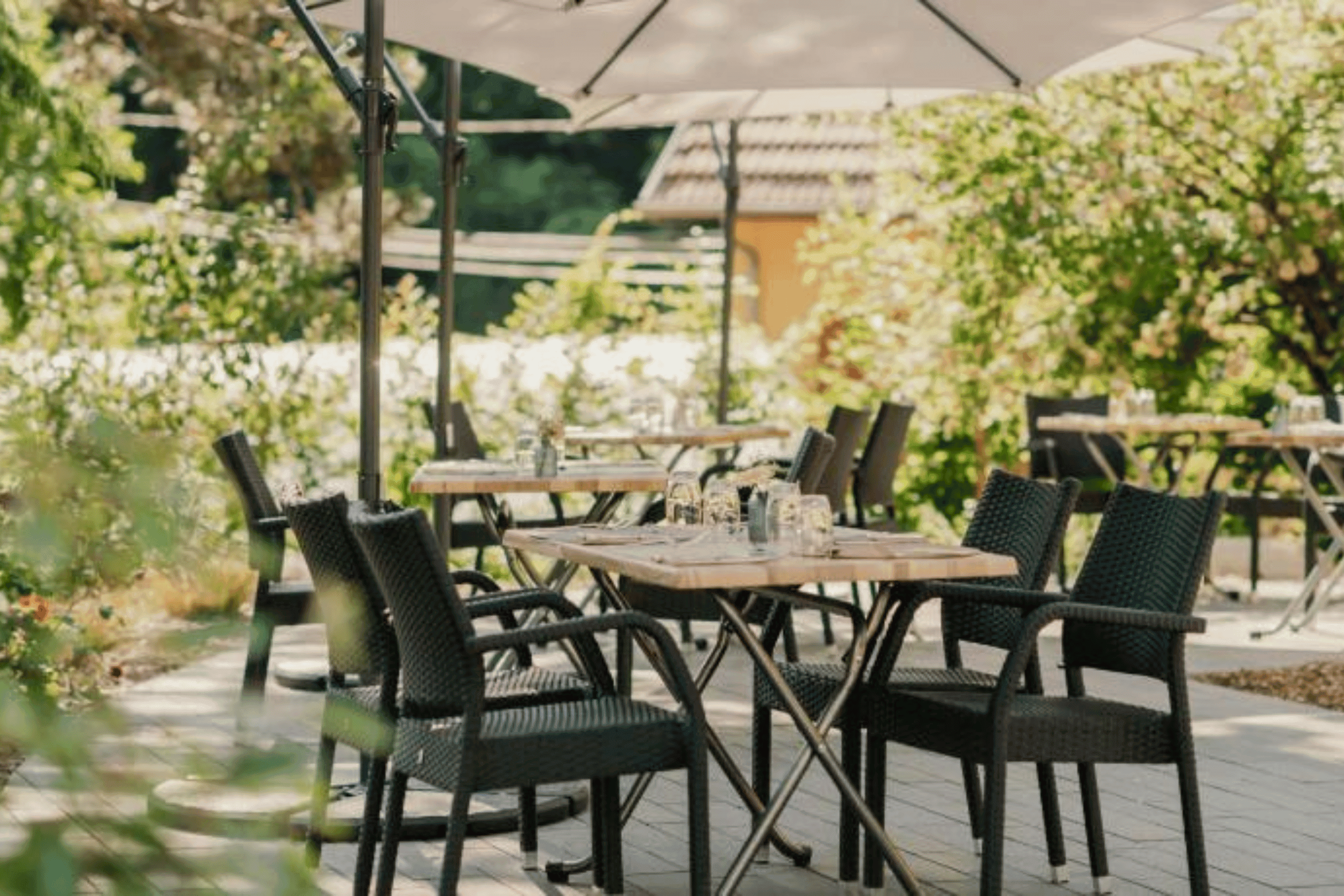 Terrasse du restaurant L'Aigle d'Or en Alsace avec tables en extérieur et cadre verdoyant