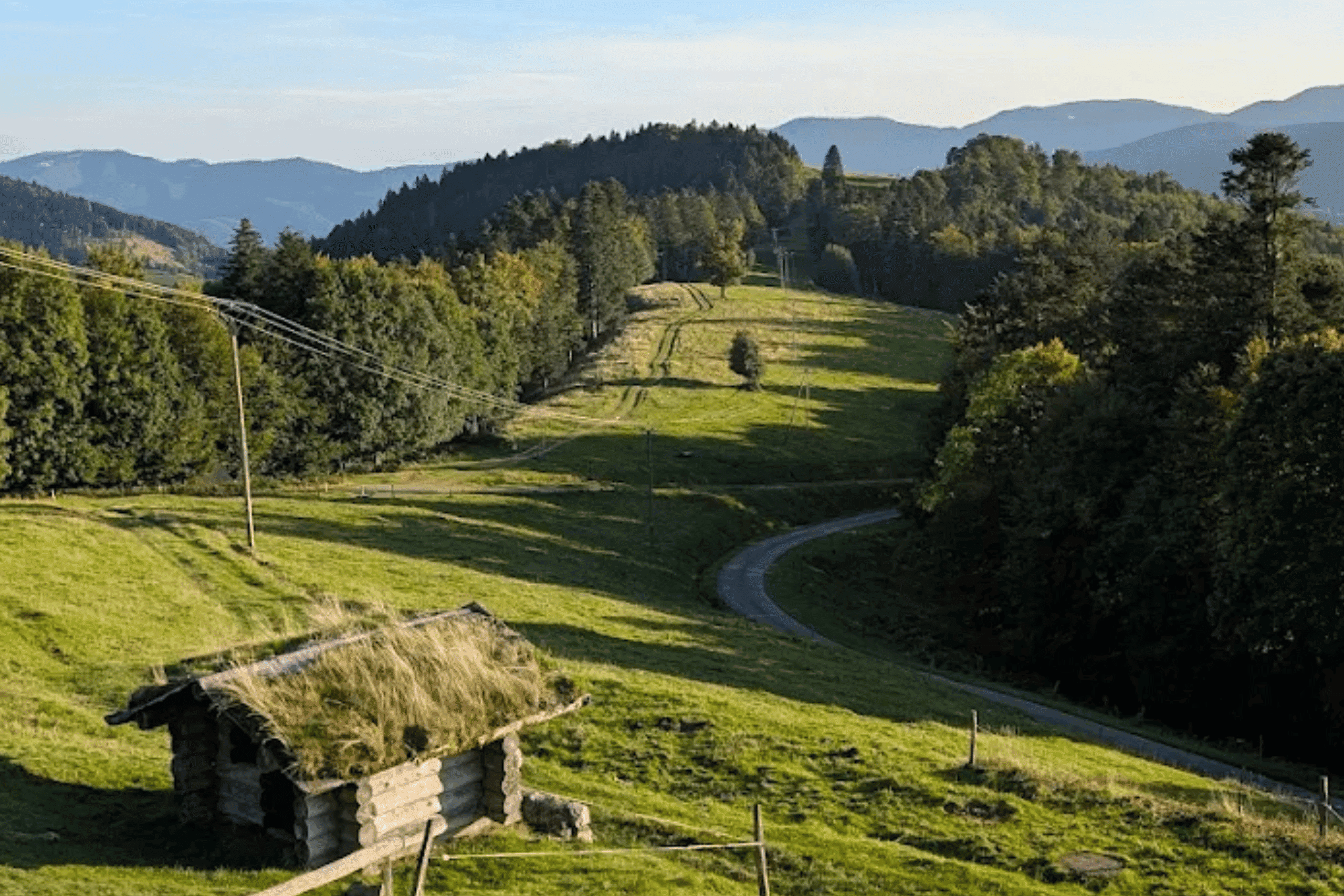 Paysage des Vosges alsaciennes près de la Ferme Auberge du Schafert avec pâturages et chalet de montagne