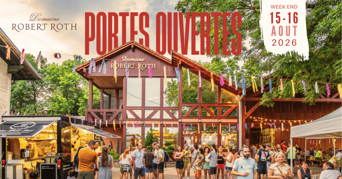 Affiche des Portes Ouvertes 2026 du Domaine Robert Roth à Soultz en Alsace les 15 et 16 août avec dégustation de vins et animations.