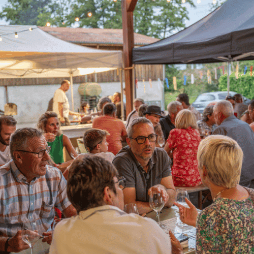 Dégustation conviviale – Portes Ouvertes Domaine Robert Roth 2026 Visiteurs partageant une dégustation de vins lors des Portes Ouvertes du Domaine Robert Roth à Soultz en Alsace.
